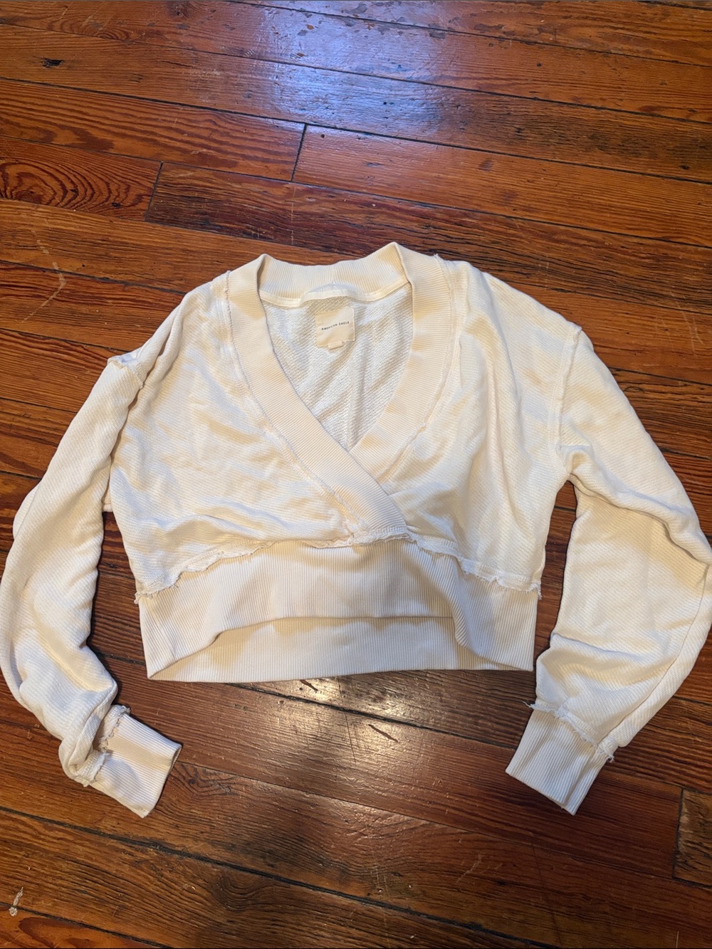 American Eagle Outfitters Ivory Wrap Cropped Long Sleeve Top